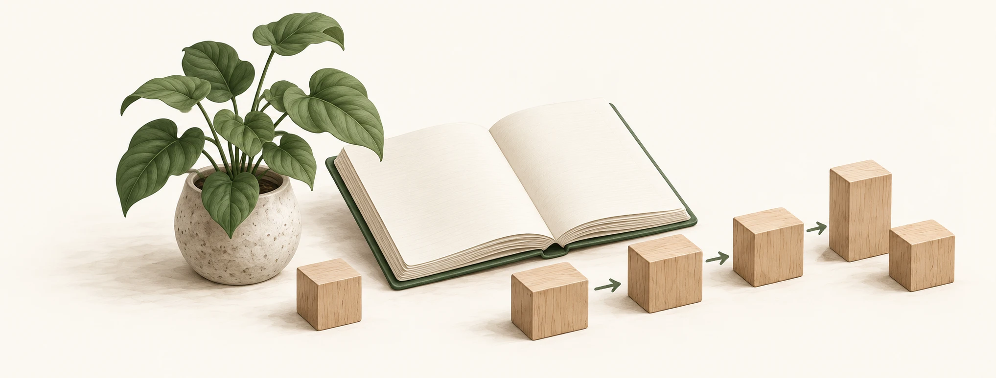 Conceptual illustration of an open notebook, plant, and wooden steps for advisory work