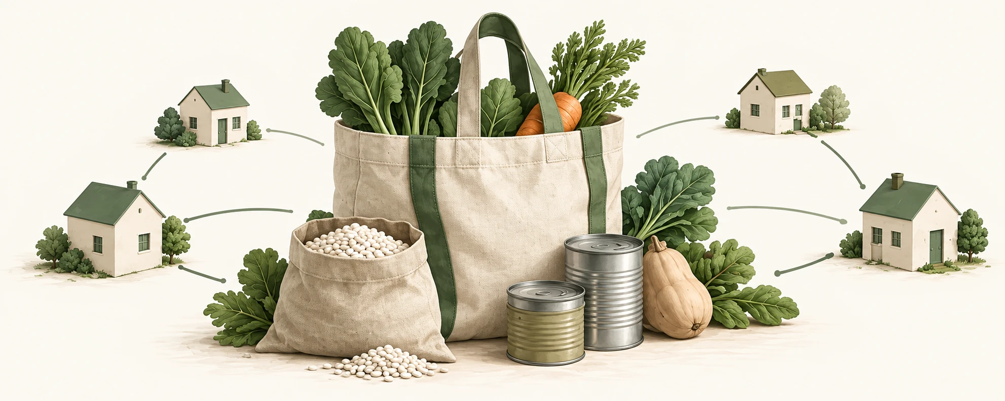 Conceptual illustration of groceries connected to neighbouring homes