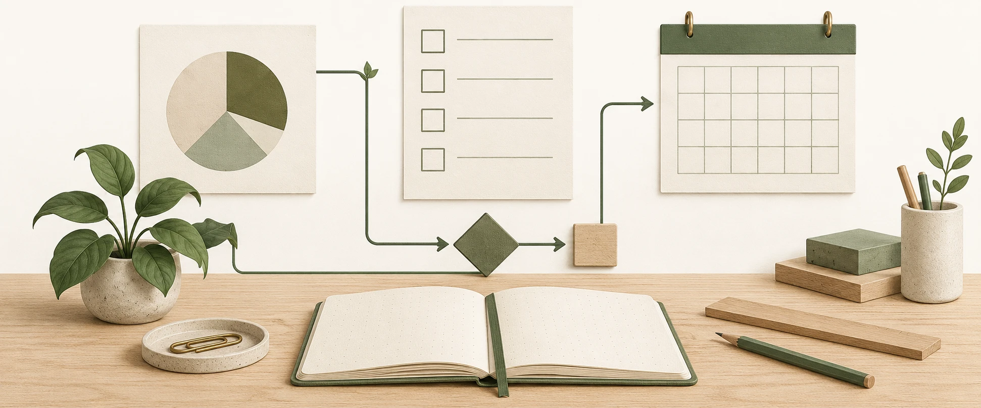Conceptual illustration of a hand connecting charts, a checklist, and a calendar