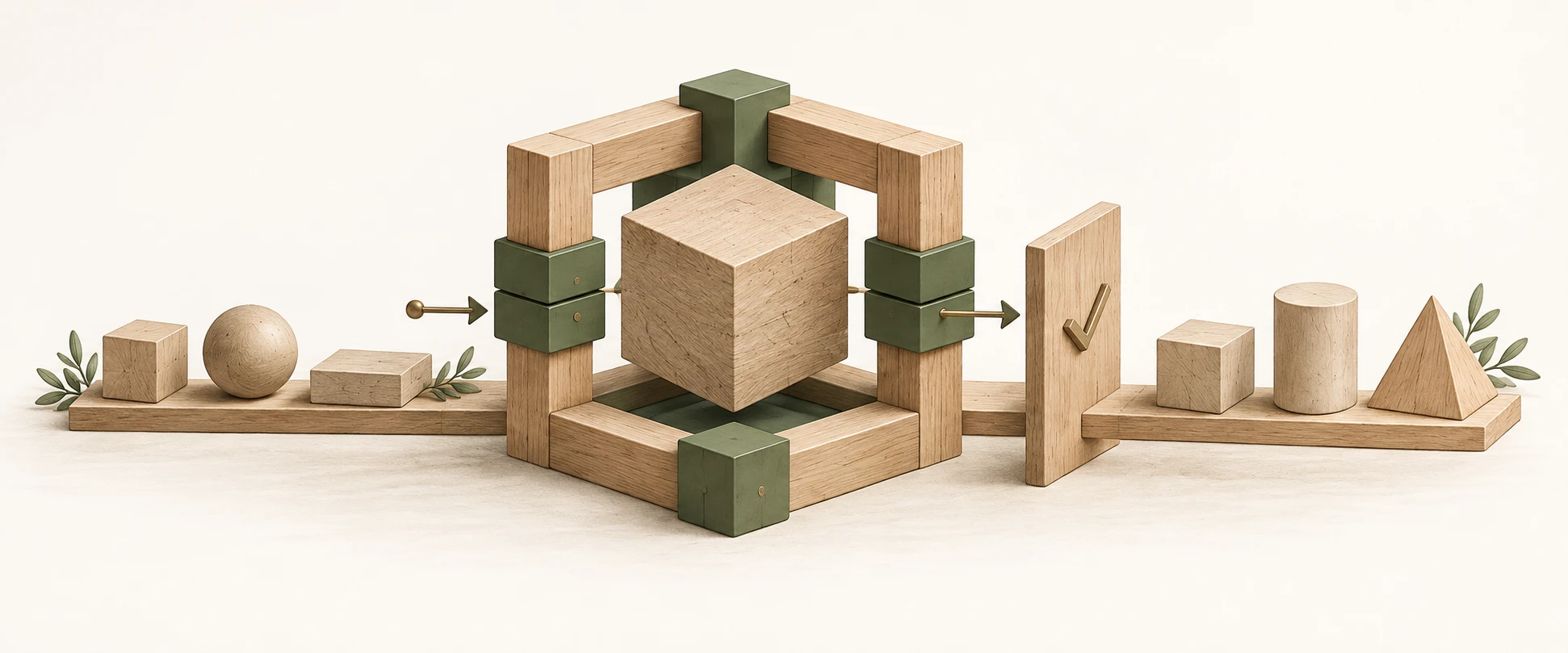 Conceptual illustration of a faceted model inside a wooden harness with inputs and outputs