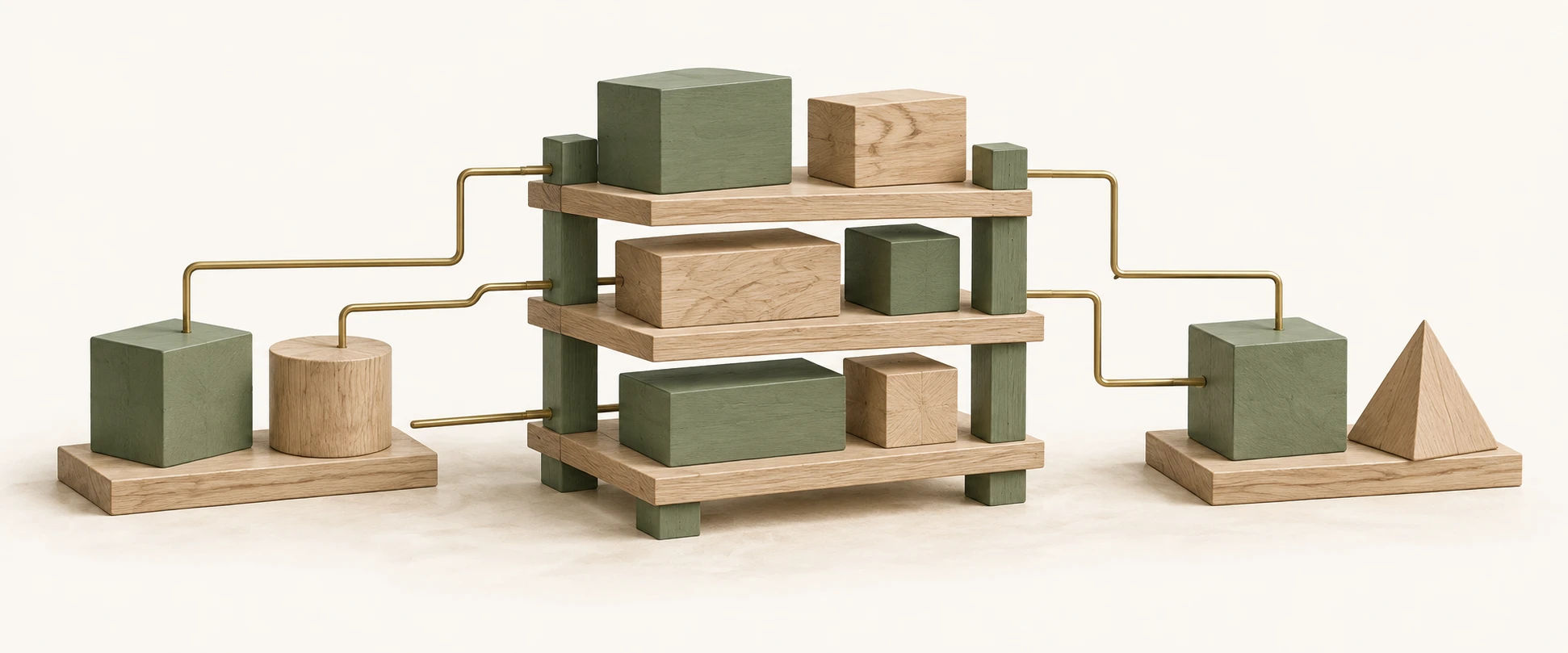 Sage-and-sand conceptual illustration of a layered architecture built from wood and muted green blocks