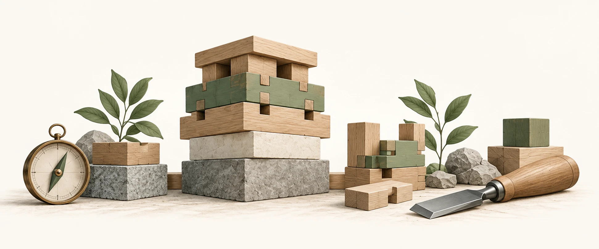 Conceptual illustration of layered building blocks, a compass, and a hand tool